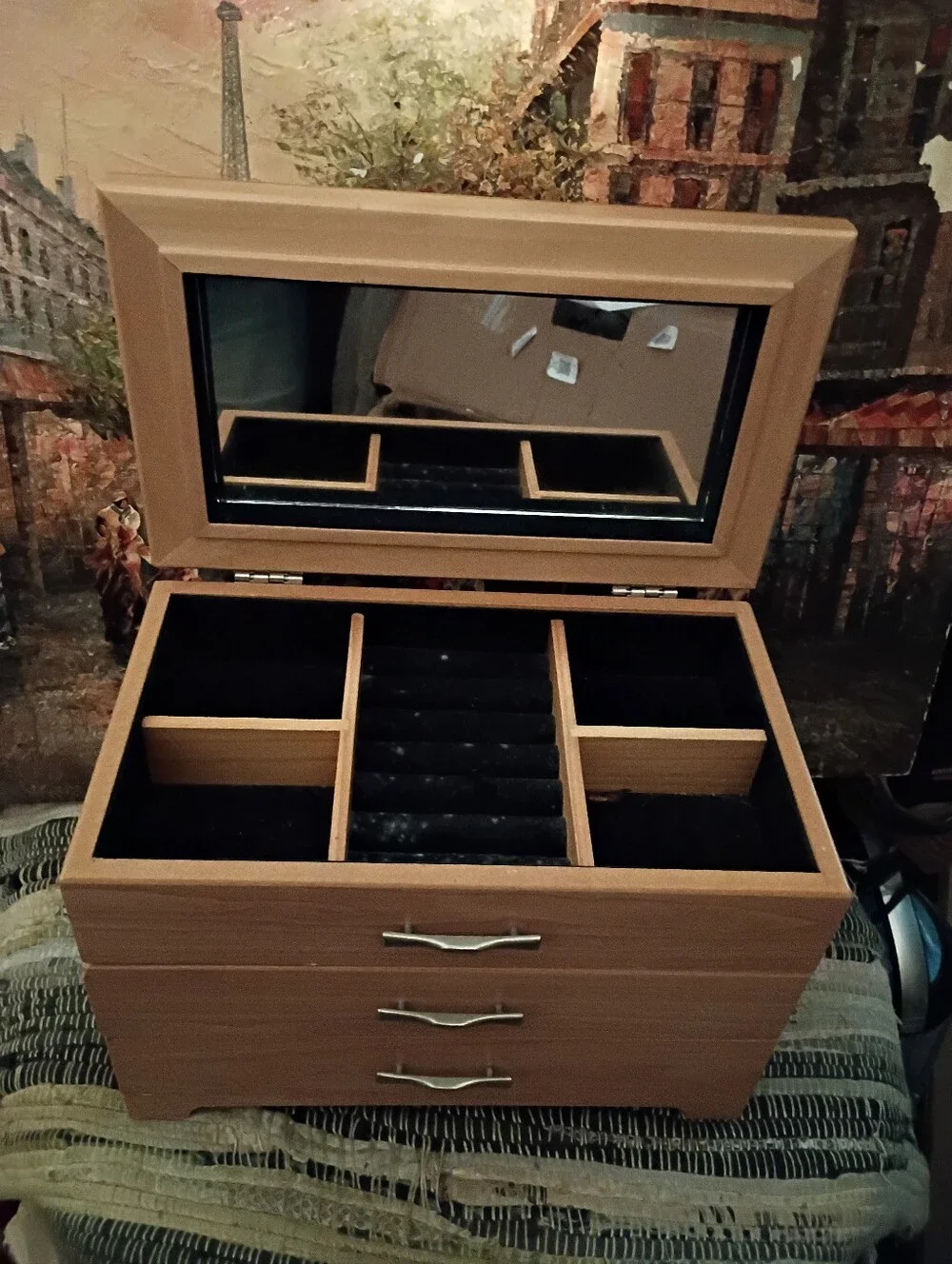 MELE- Bamboo Wood Finish Jewelry Organizer Box with Mirror Tan & Black Velvet.🏠 - Picture 3 of 6
